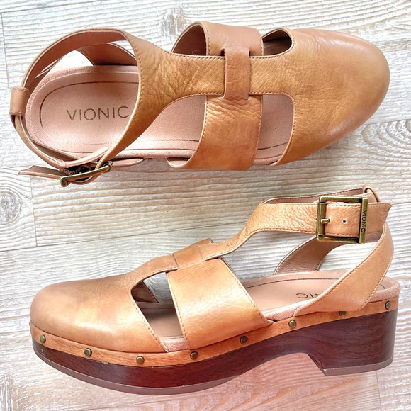 Vionic Shoes - Vionic Faye T-Strap Casual Leather Clogs | Tan Size 8